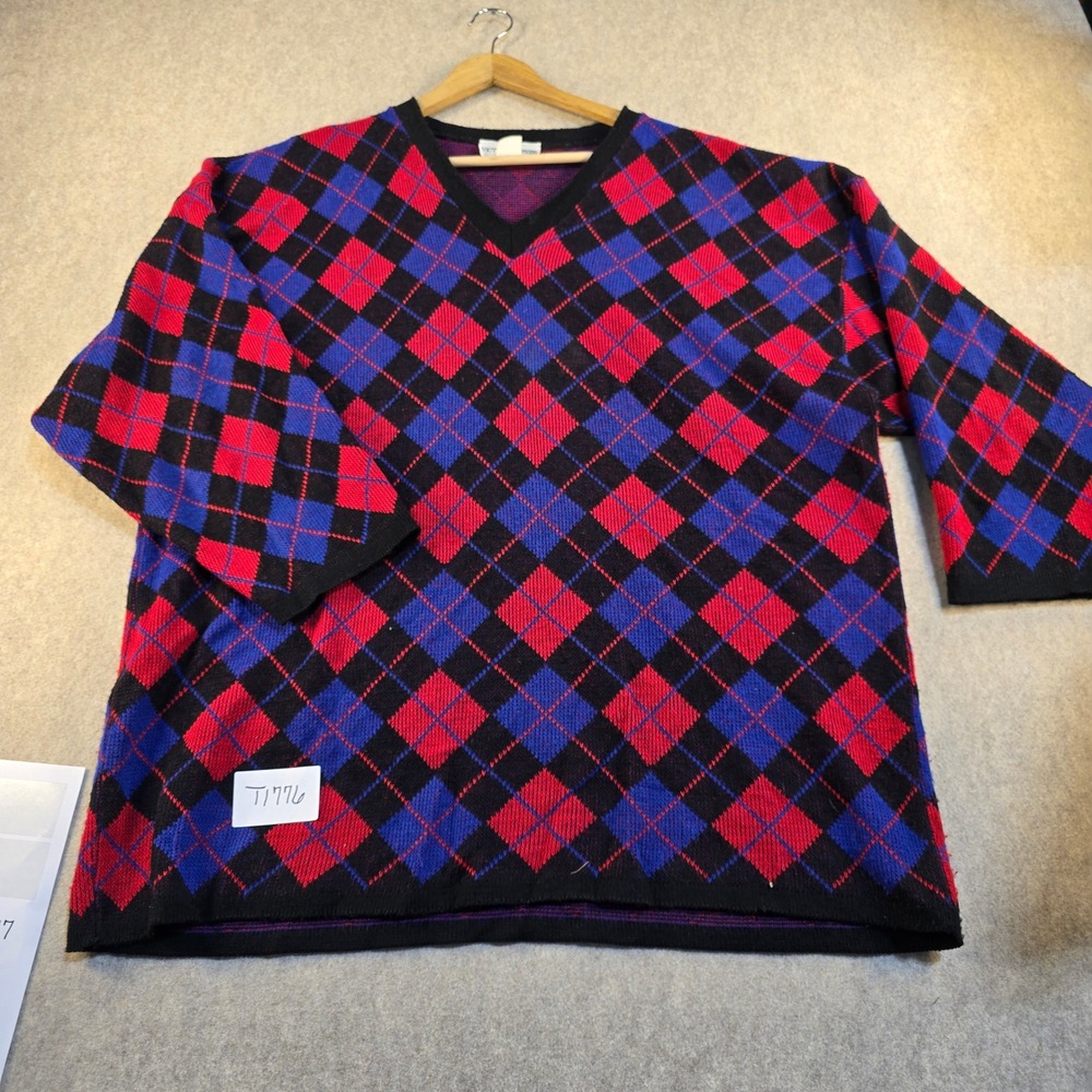 Vintage Victoria Jones Woman Argyle V-Neck Sweater Red Blue Black Knit Pullover